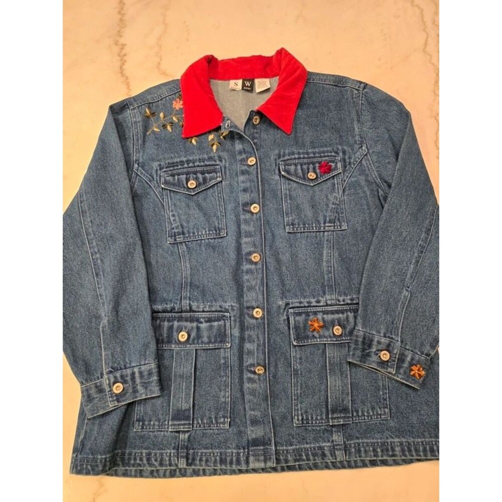 Vintage embroidered denim chore jacket womens large cottagecore